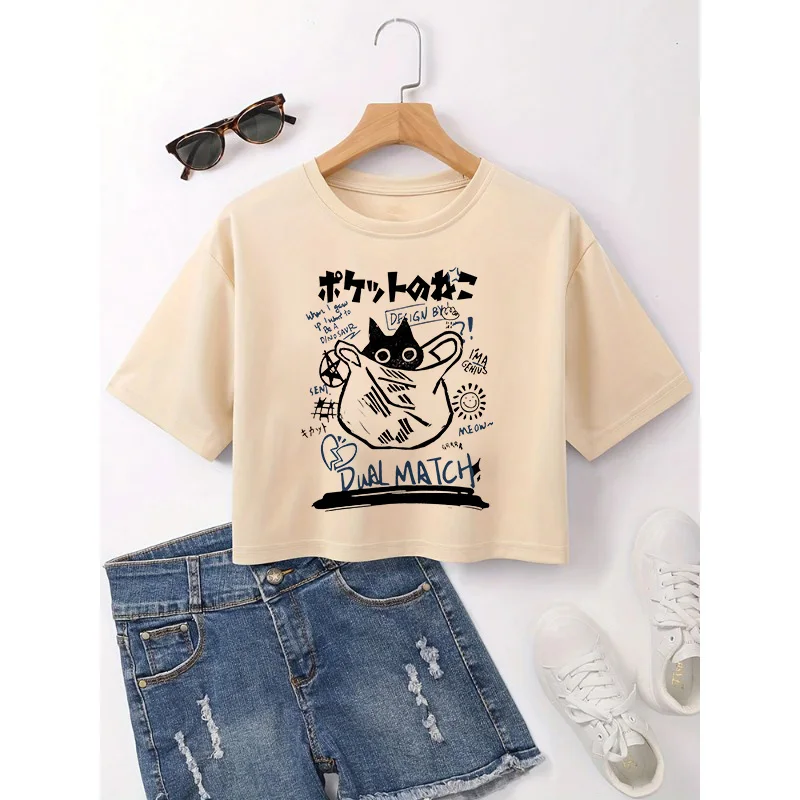 Japanische Anime Katze abgeschnitten Print Rundhals T-Shirt Y2K Kurzarm eng anliegend Crop Top Frühling Sommer Damenbekleidung