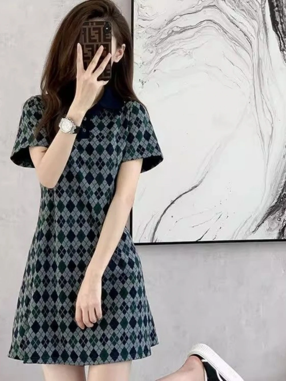 

plus Size Women's A-Line Dress Summer Fashionable Personality Midi Dress Short Sleeve Grid Pattern 300 Pounds Matching