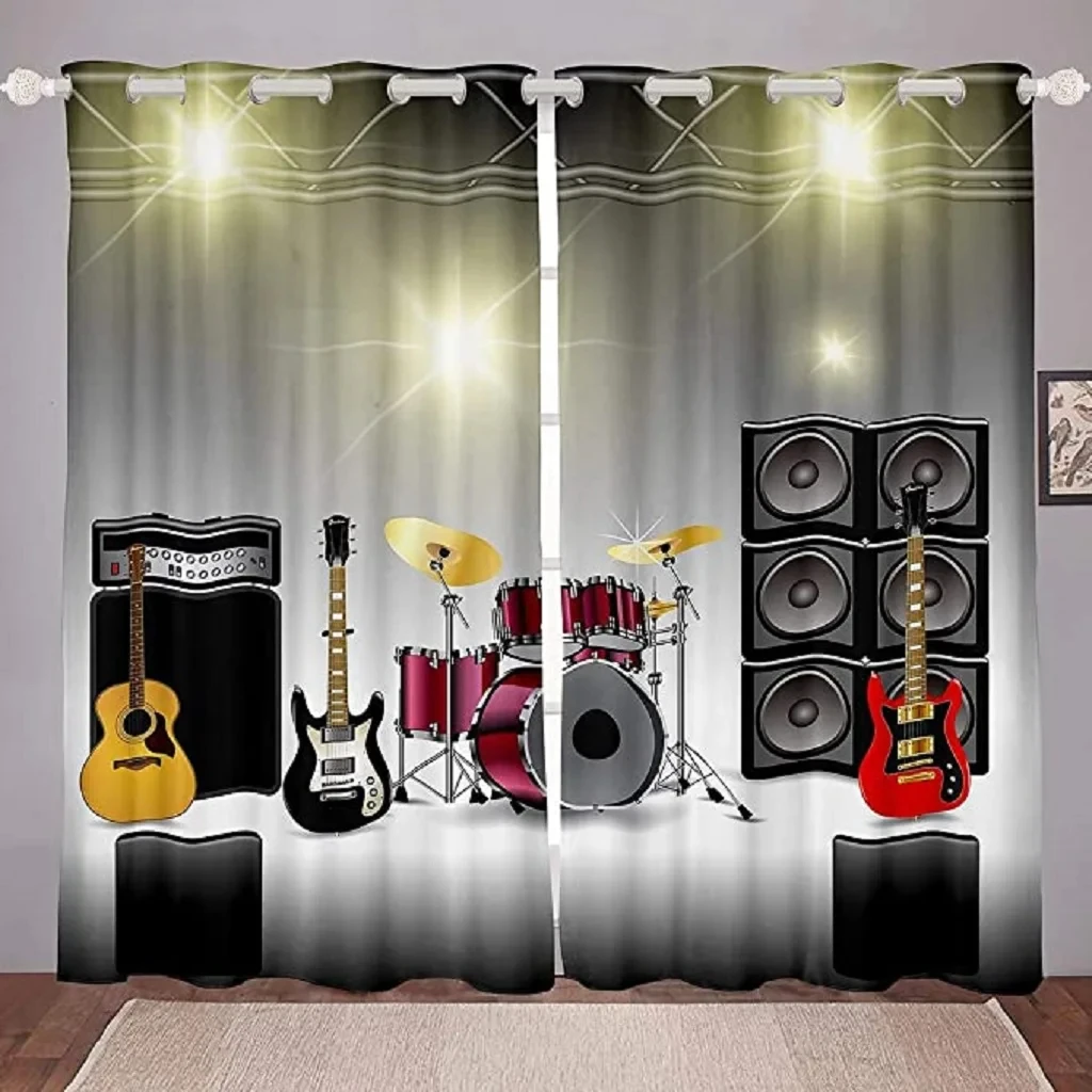 

Musical Instruments Guitar Shelf Drum Curtains 2 Panel Music Lovers Room Bedroom Living Room Decorative Curtains