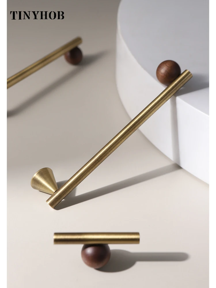 Bronze Brass + Walnut Wood  Cabinet Handle and Knob Drawer Knobs T Bar Bedroom Kitchen Cupboard Hardware / Drawer Handles