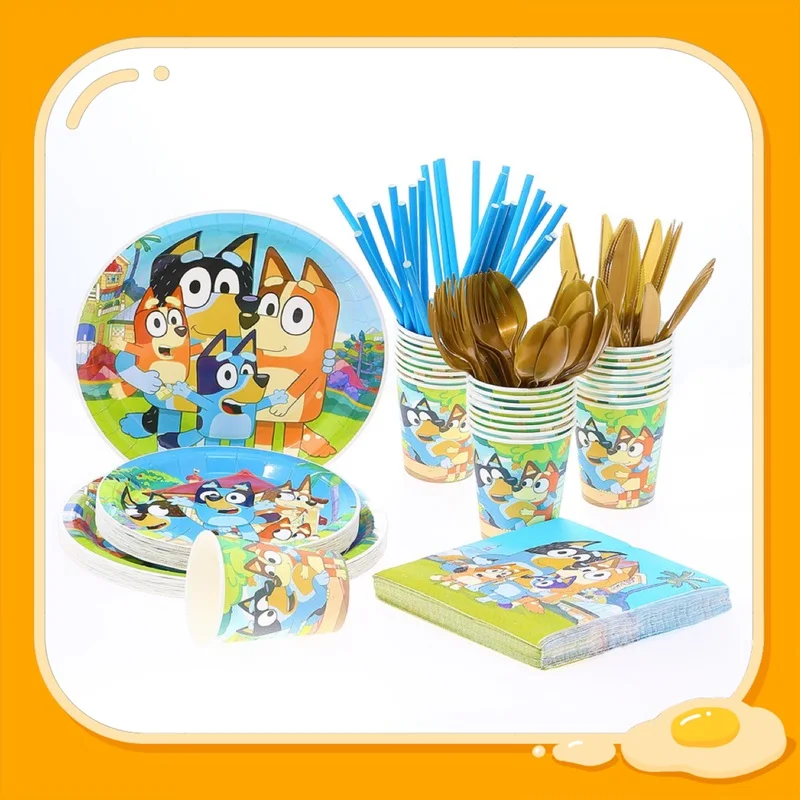 Bluey 24pcs Tableware Set Bluey Birthday Party Set Disposable Paper Plates Paper Cups Tissues Cutlery Spoon Straws Supplies