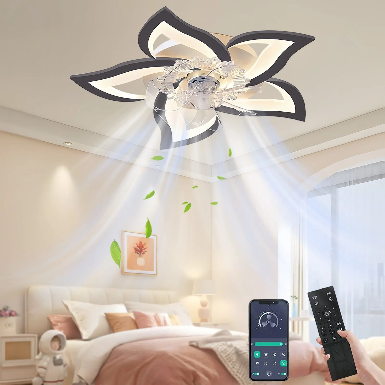 2026 Moderner Nordischer Deckenventilator mit Licht und APP-Steuerung, 3 Farben dimmbar, Timer für Schlafzimmer, Küche, Wohnzimmer, Weiß, Schwarz # 20