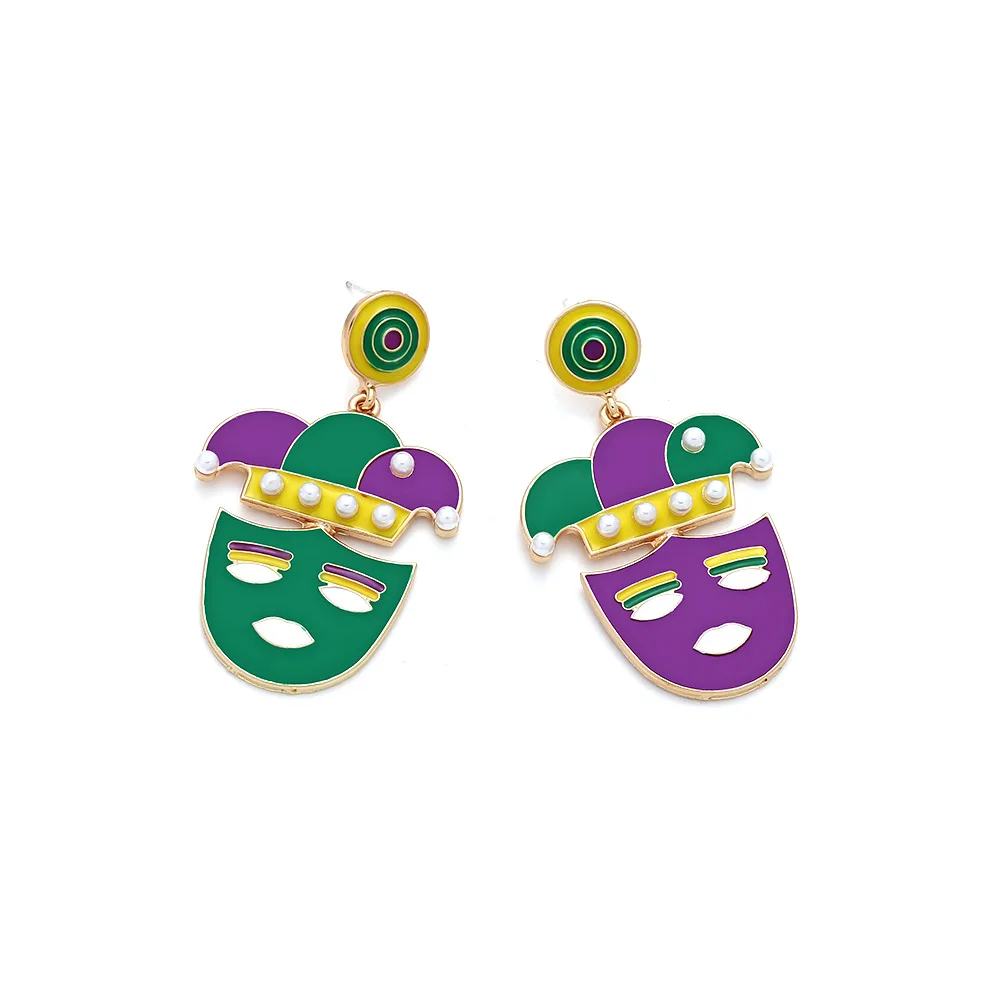 Tri Color Joker Hat Mask Earrings Imitation Pearl Carnival Jewelry