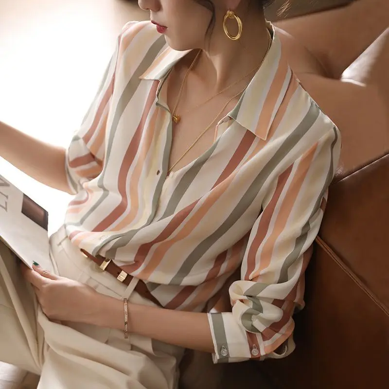 2023 Spring Autumn New Fashion Striped POLO Collar Long Sleeve Shirt Women Korean Style Elegant Contrast Color All-match Blouse