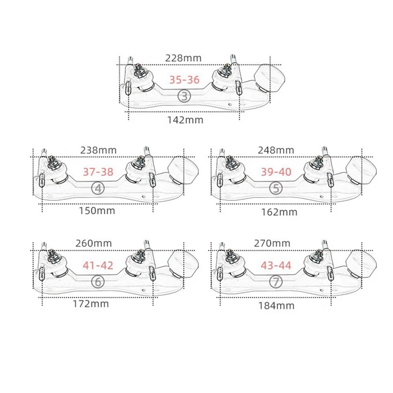 Основание для роликовых коньков Четырехколесная двухрядная нижняя пластина с упорами для пальцев роликовых коньков 248 мм