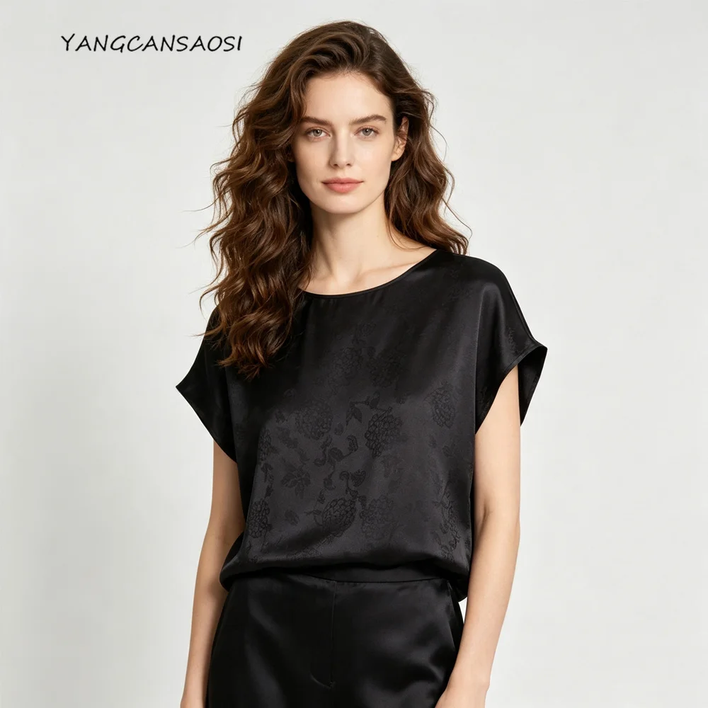 2026 Women's Fashion Summer Clothing 100% Natural Mulberry Silk Jacquard Satin Black Round Neck Short Sleeve T-shirt