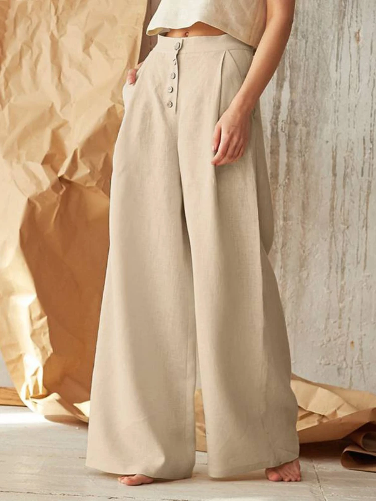 

2022 Women Full Length Trousers Solid Cotton Buttons High Waist Pants Loose Wide Leg Pant Casual Office Lady Work Pantalon Femme