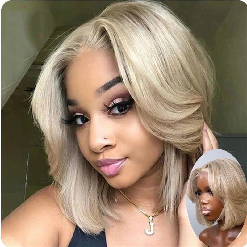 13x4 Highlight Short Bob Ash Blonde Wigs Human Hair HD Transparent Lace Frontal Wigs For Women High Quality Lace Wig Pre-Plucked