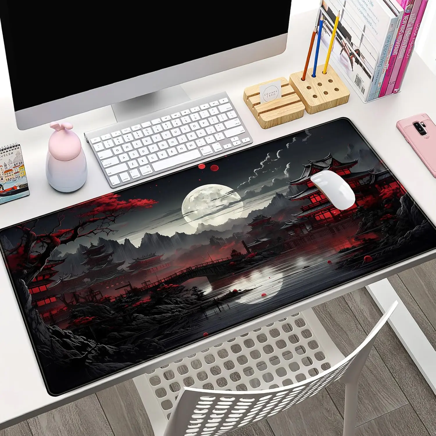 Japanese Desk Mat Riverside Full Moon Desk Pad Large Mouse Pad Gaming Mousepad XXL Keyboard Pad Computer for Office Desk Decor