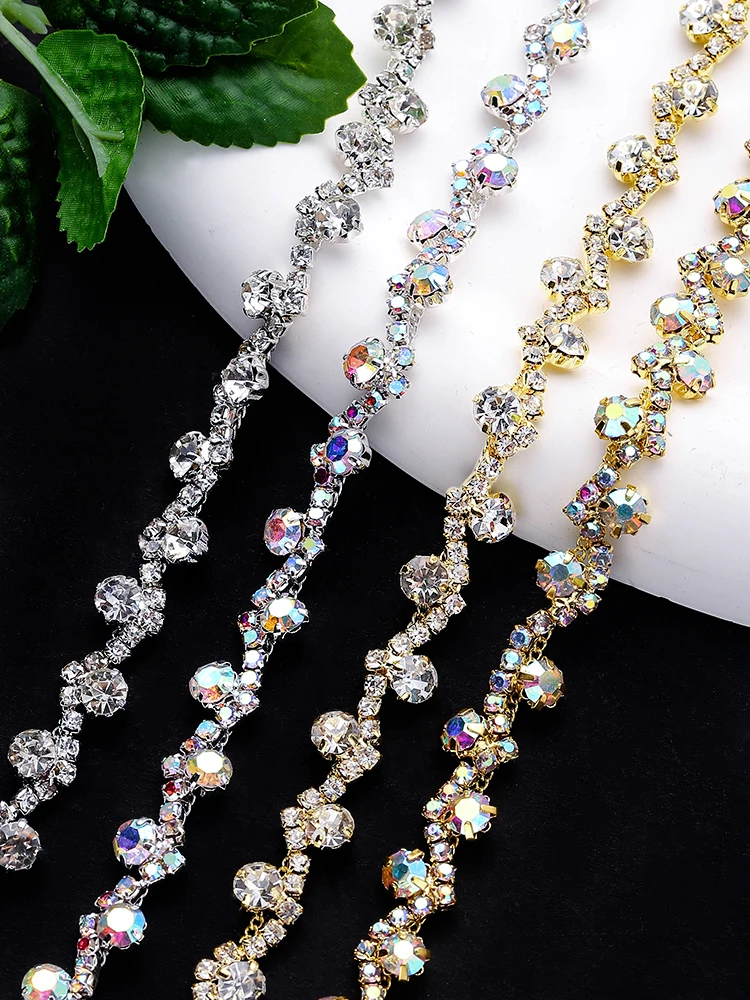 DUCRYSTARL 1Yard Rhinestone Trim Crystal Chain Gold/Silver Claw Crystal Sewing Craft DIY Wedding Dress Decoration