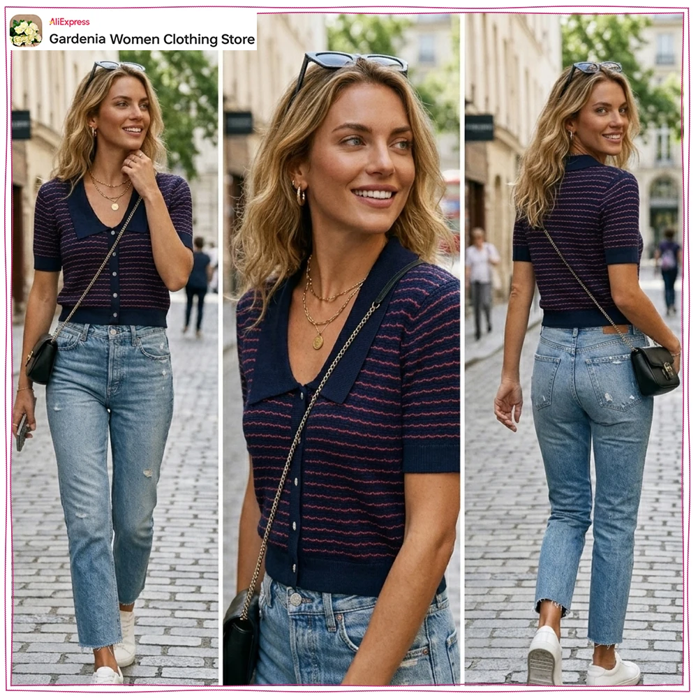 Stylish Knit Peter Pan Collar Tops for Women New in Casual Short Sleeves Knitted T-shirts Summer Contrasting Pinstriped Cardigan