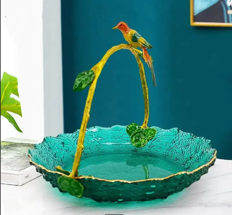 

Glass Fruit Tray with Metal Handle Light Luxury Candy Snack Dessert American Home Decoration Ornaments