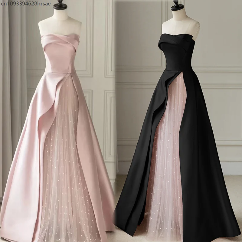 

Luxury Pink Elegant Tulle Strapless Black Long Evening Prom Dresses for Women Princess Bridesmaid Banquet Party Prom Dress Gown