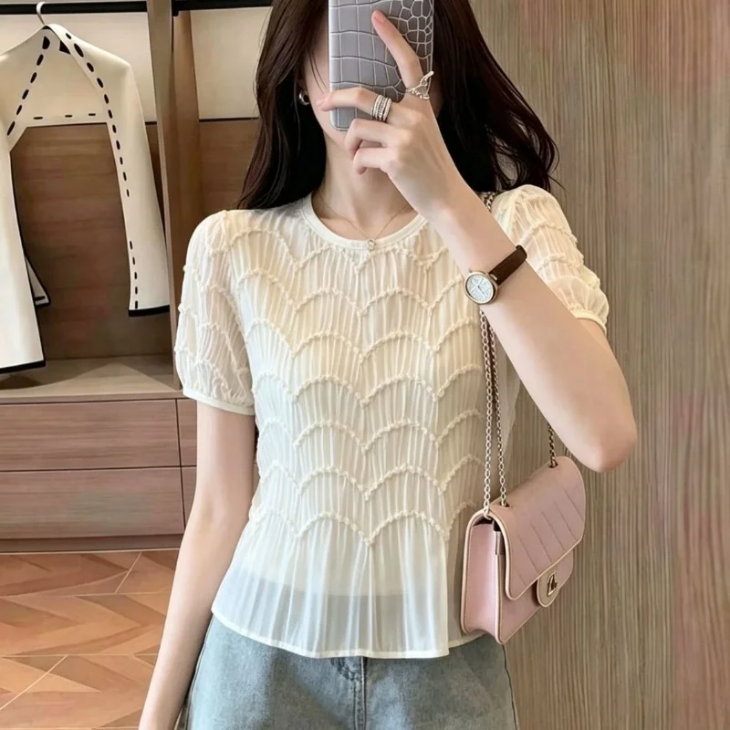 

Women Geometric Shirring Blouse Korean Style Puff Sleeve Short Loose Top Summer Casual Lightweight Chiffon Blouse