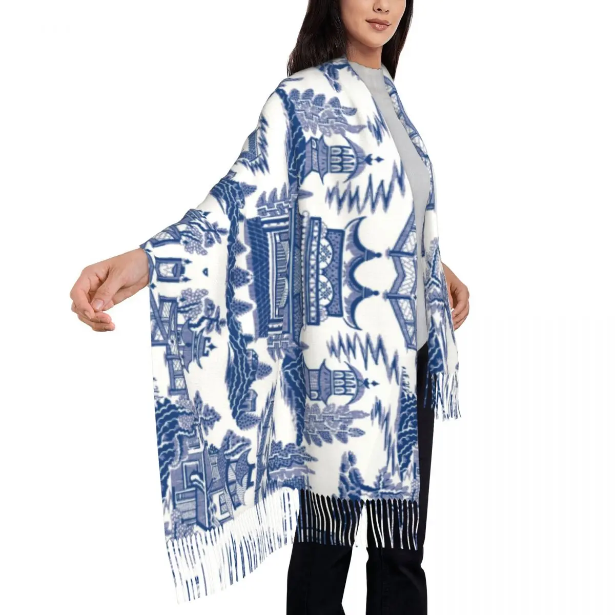 Blue Willow Ancient Ming Porcelain Scarf Women Luxury Winter Wrap Shawl Chinoiserie Pattern Tassel Wraps