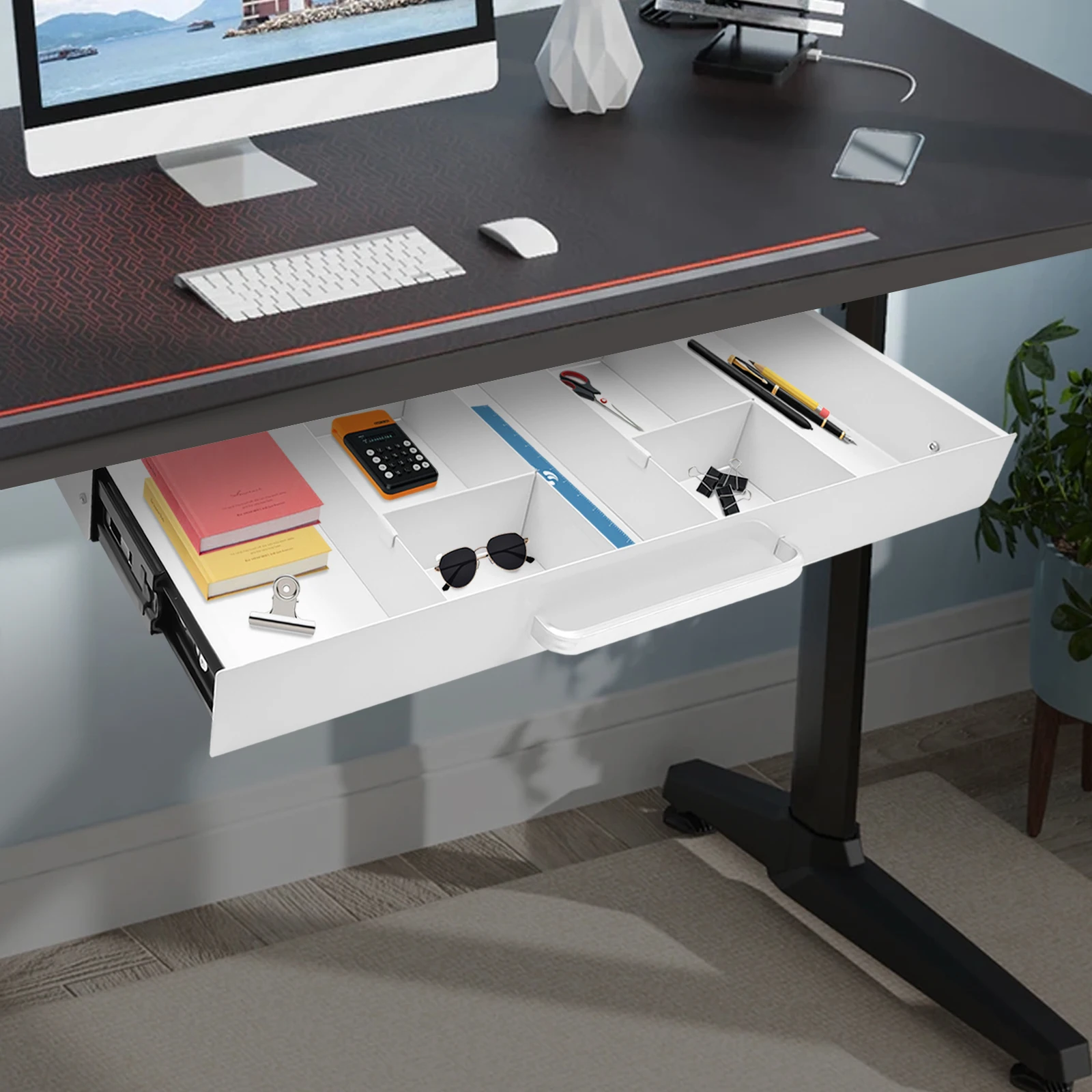 

White Iron 21.5×10.2 Inch Sliding Storage Drawer Under The Desk Hidden Desk Storage Box with Adjustable Divider