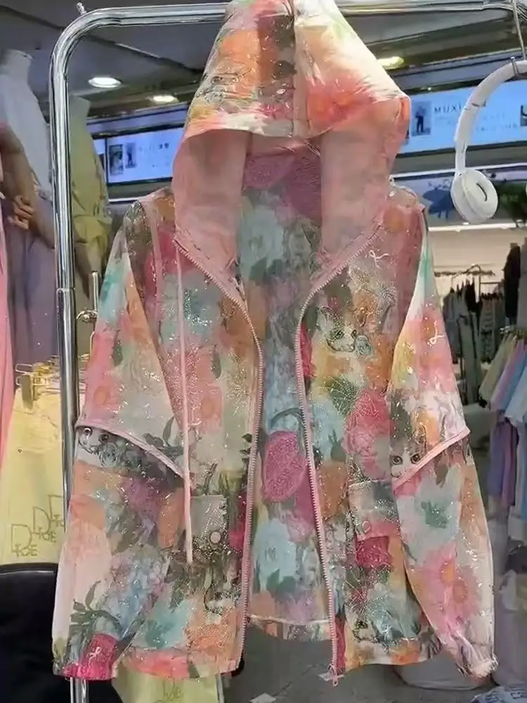 

Luxury Butterfly Sparkle Sequins Women Hooded Spring Summer Loose Casual Zipper Sunscreen Shirts Blouses Thin Outerwear Tops