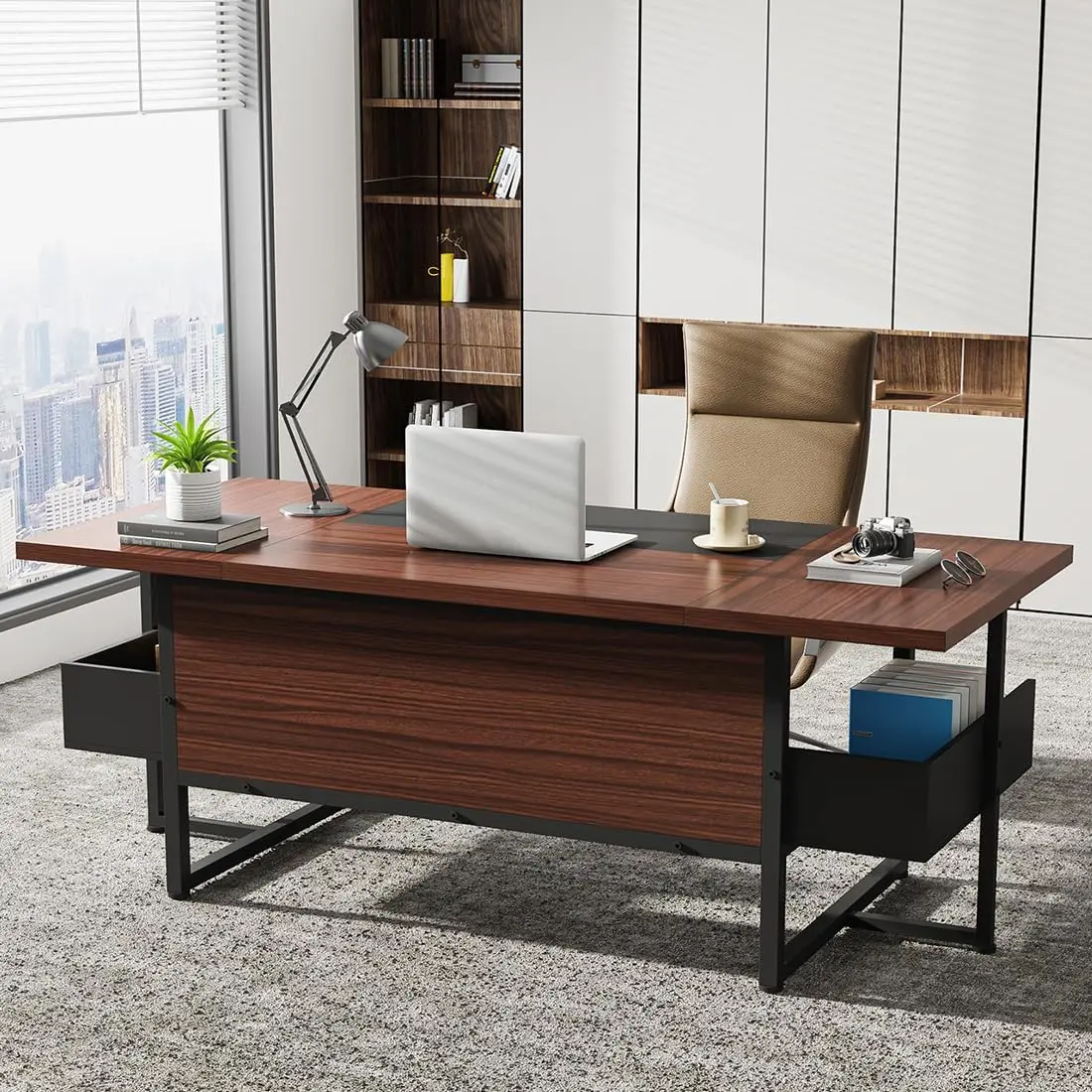 

Modern Executive Computer Desk Walnut and Black 62 Inch with Storage Shelves Home Office Furniture Efficient Workspace