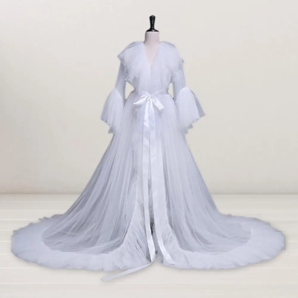 Mesh Dress Translucent Lace Dress  See-through Mesh Party Dress Pleated A-line Gown Lace-up Bow Waist Wedding Night Dresses
