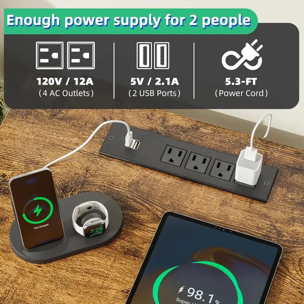 93 Escritorio de estación de trabajo para dos personas con puerto de carga, escritorio de oficina largo con 3 cajones de tela y soporte para impresora, computación compartida