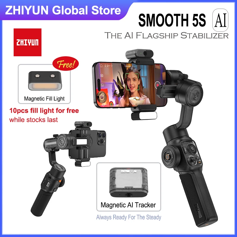 ZHIYUN Smooth 5S AI 3-Axis Smartphone Gimbal Handheld Stabilizer with AI Tracking for iPhone 15 Pro Max Samsung Huawei Xiaomi