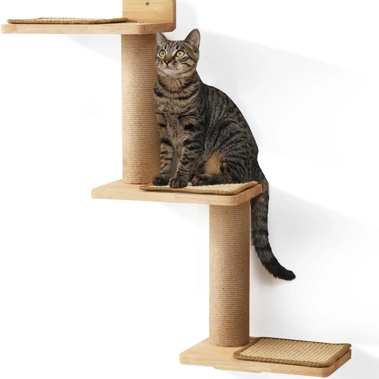 Wooden cat 3-layer climbing frame rotatable, wall-mounted cat scratching board, wooden pet ladder cat pet jumping platform