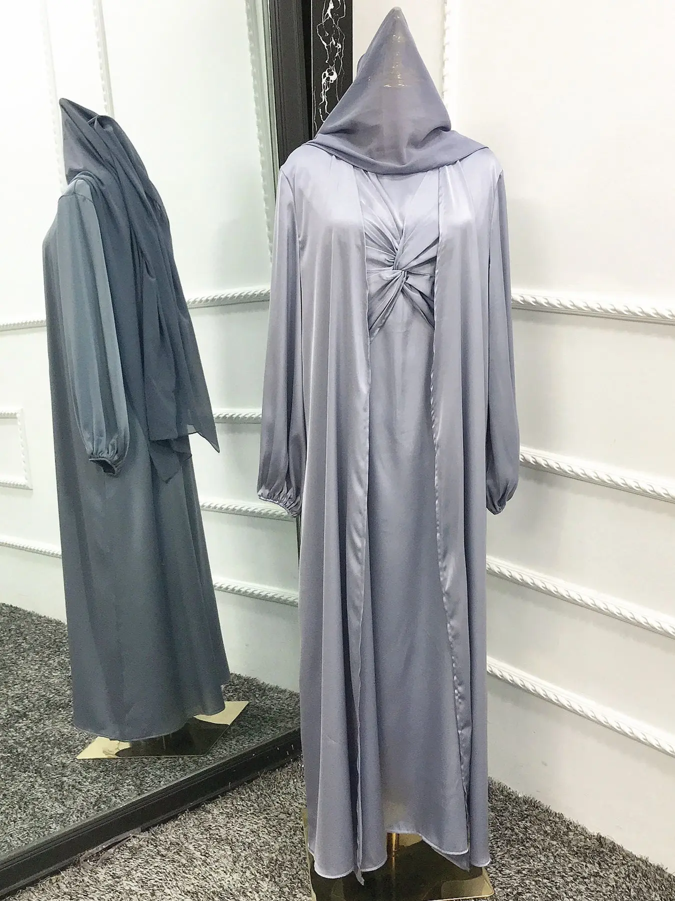 Vestido muçulmano de cetim sedoso Djellaba para mulheres, terno longo elegante, moda modesta, conjuntos EID, venda quente, WY920