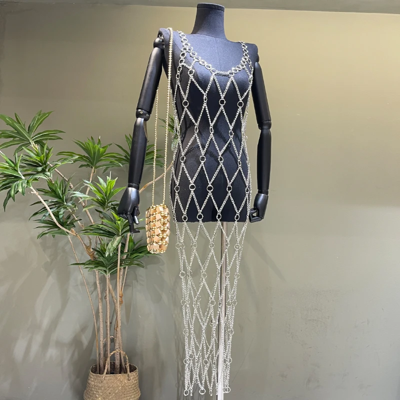 

Sexy Club Fashion Handmade Dress See Through Metal Body Chain Holiday Women Sleeveless Long Vestidos Dress Clothes Y2k Fashion
