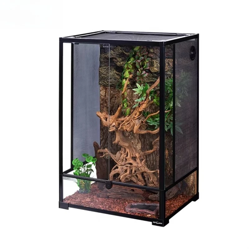 

RK0124N 55 Gallon 208 Liters Knockdown Reptile Glass Container Cage with Silk Mesh Screen Side Reptile Jar Snake Shell Black