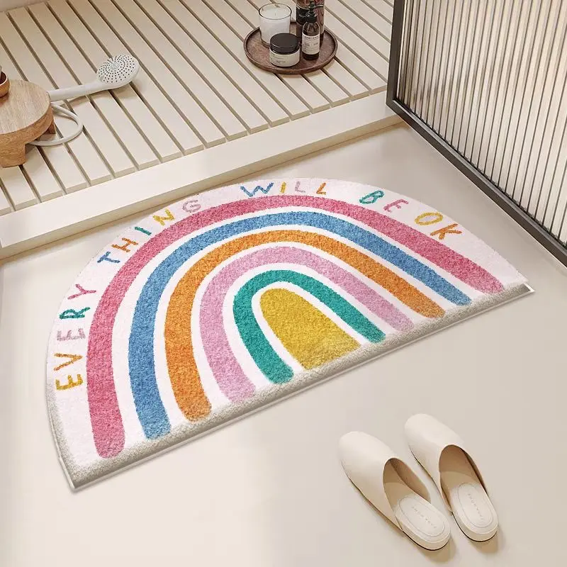 VIKAMA Semi-Circular Rainbow Plush Rug Bathroom Toilet Water-Absorbent Non-Slip Mat Entrance Door Hallway Mat Home Decoration