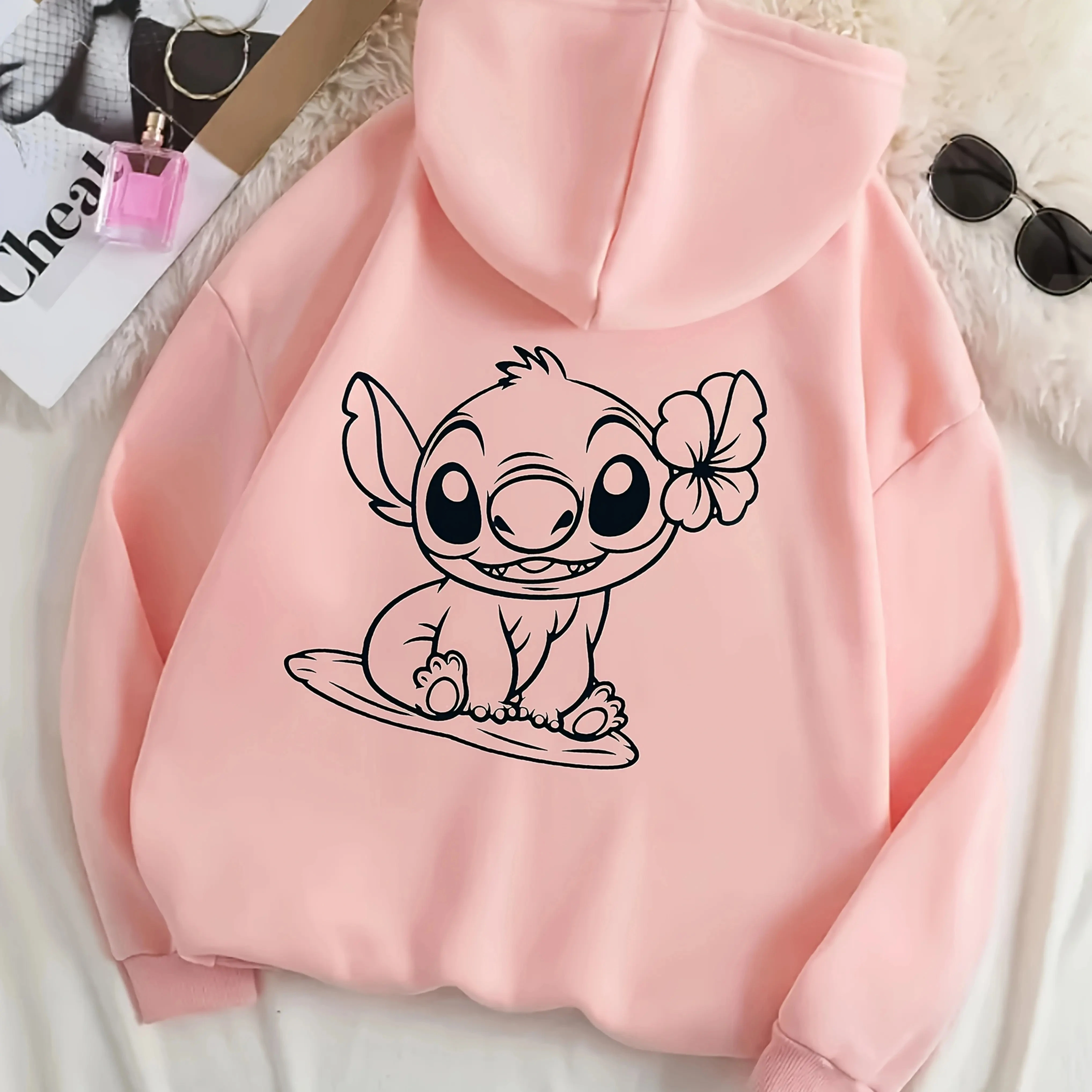 ديزني جديد لطيف الكرتون غرزة طباعة هوديي عارضة الرباط البلوز الجبهة جيب طويلة الأكمام الخريف / الشتاء هوديي سترة فضفاضة