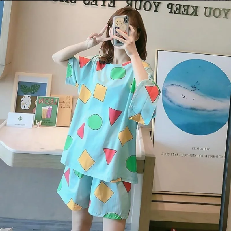 반팔 잠옷 여성 여름 만화 귀여운 기하학 잠옷 Homewear 캐주얼 풀오버 셔츠 Ladies Sleepwear Loungewear