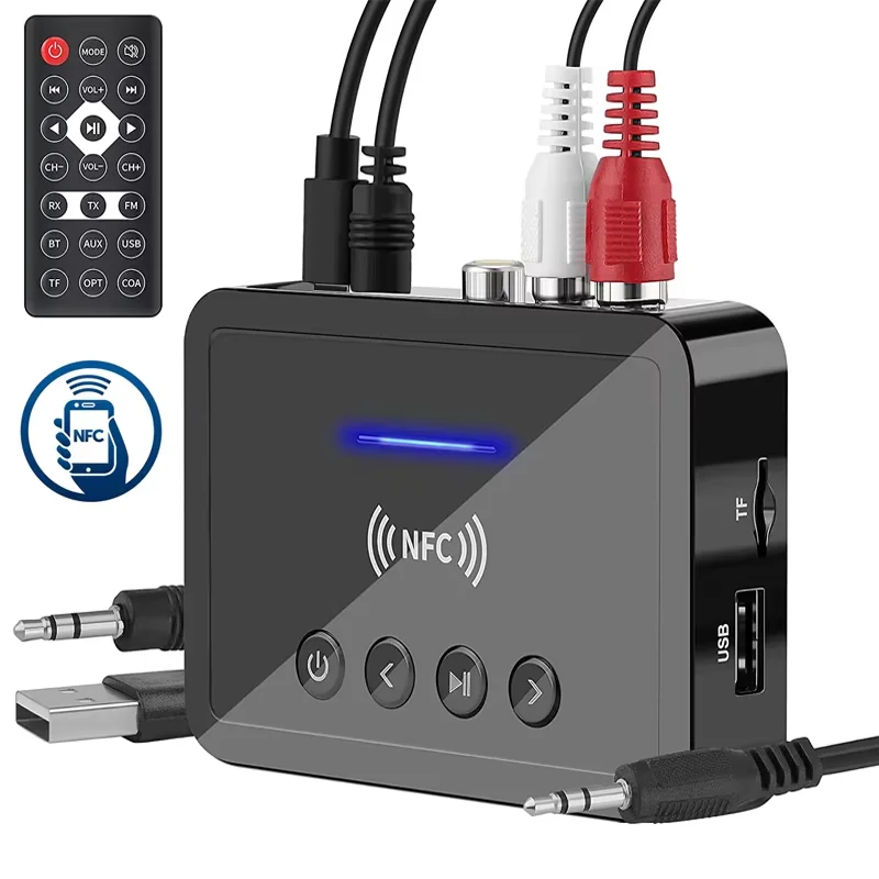 Wireless Bluetooth 5.0 FM Stereo Audio Adapter with AUX 3.5mm RCA Optical Jack Remote Control for TV Car Kit - Receiver Transmit