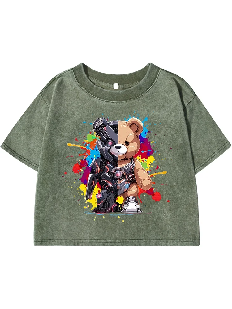 Mech Warrior Bear Printing Female Washed Short T-Shirt Fashion Casual Tshirt Street Hip Hop Tops Summer Loose Distress Clothes