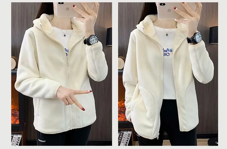 Zip-up Hooded Double-sided Wear Flannel Sweatshirt Women Thick Slim Fleece-lined Jacket Outdoor Sports Y2k Autumn Winter Coat