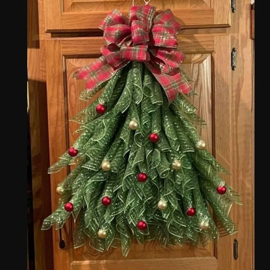 New Christmas Tree Wreath Front Door Decorative props Christmas Tree Cross Christmas Wreath with Ball Ornsments Without Light