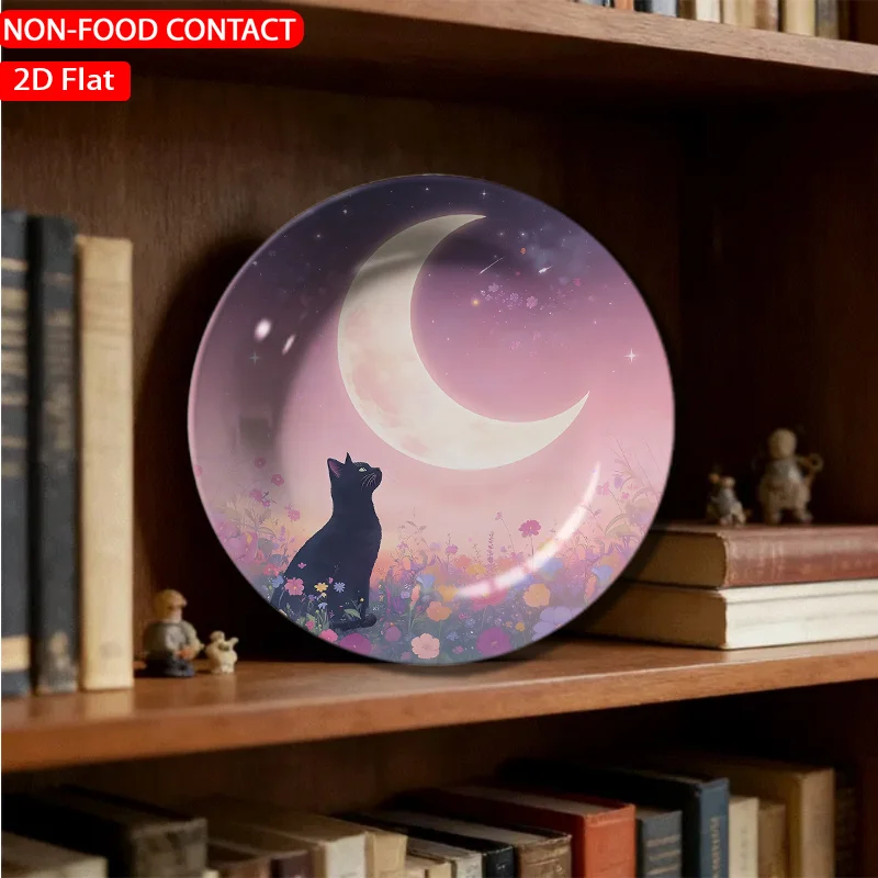 1pc Retro /Korean Suitable for Style Ceramic Plate - Vintage Cat & Moon Decorative Plate with Non-Food Contact, Pink Ceramic