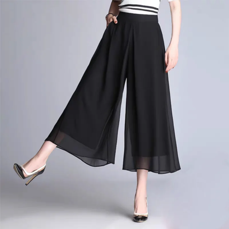 

Summer Thin Chiffon Oversize Skirt Pants Elastic High Waiste Pocket Solid Korean Clothing Fashion Casual Black Wide Leg Trousers