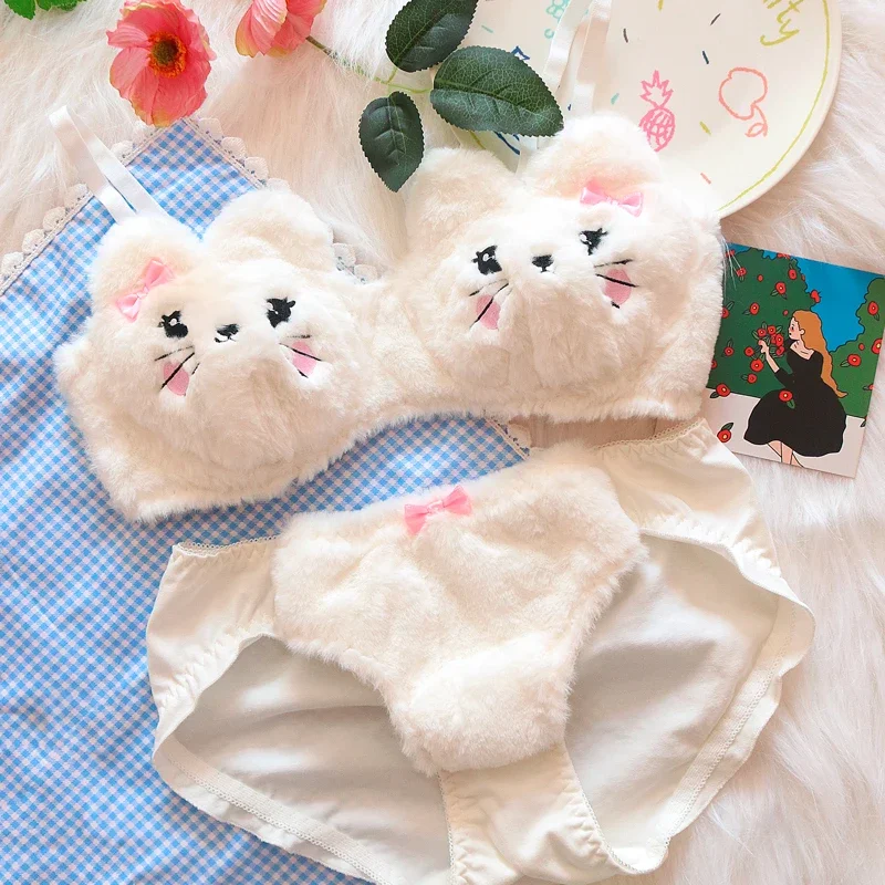 Conjunto de sutiã e calcinha lolita japonês para meninas, lingerie push up, sutiãs panda, sutiãs doces, roupas íntimas, gato íntimo, estilo anime, inverno