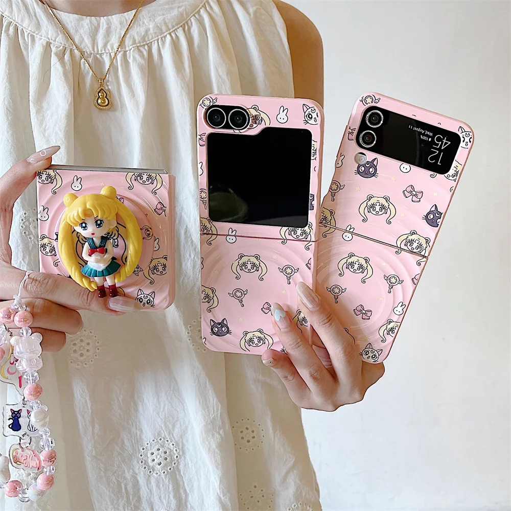 

Cute Cartoon Rabbit Magnetic Girl Stand Phone Case For Samsung Galaxy Z Flip7 Flip6 5 Flip5 4 3 cover with chain For Magsafe cas