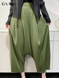 GVUW Pleated Wide Leg Pants Loose Niche Design Women High Waist New Spring 2024 Solid Color Spliced Pockets Trousers 17G4999