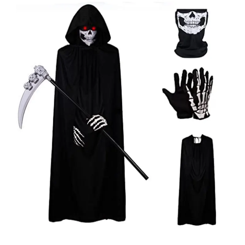 2026 Hot Terror Stitch Halloween Party Cosplay  Adult Death Black Cloak, Halloween Death Skull Skeleton Ball Costume Prop Set
