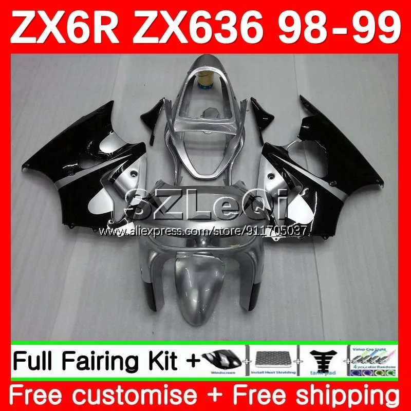 Body + Decal For KAWASAKI NINJA ZX 6R 636 6 R ZX-636 600 CC Black Silvery ZX6R 98 99 99No.23 ZX600 ZX-6R ZX636 1998 1999 Fairing