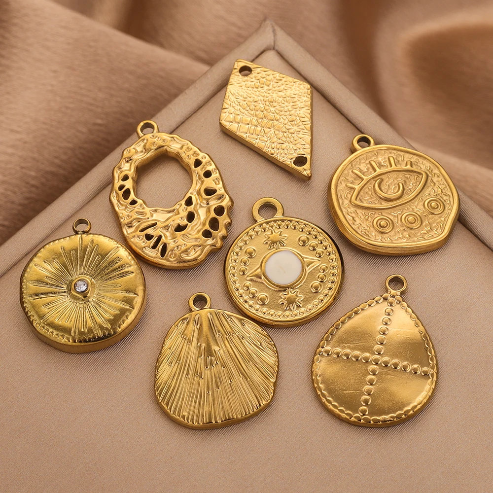 5pcs Stainless Steel Gold Plated Bohemian Style Round Evil Eye Charms DIY Women Necklace Fashion Jewelry Accessories Wholesale