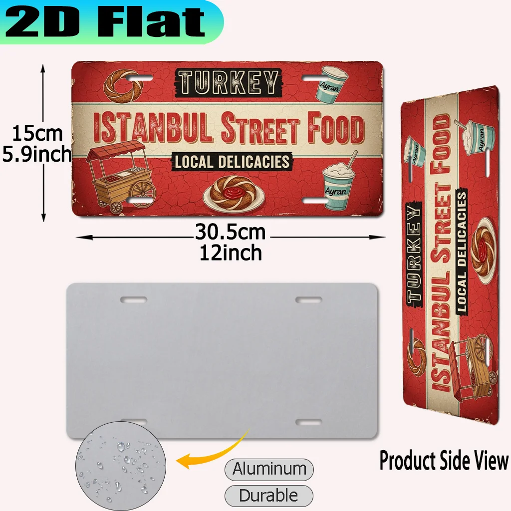 2D Flat, [2D Flat] 1pc, Turkey Istanbul Street Food Local Delicacies Vintage Aluminum Sign (30.48 X 15.24cm), for Decorative Pur