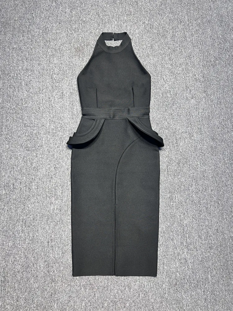 DURCH Frauen Sexy rückenfreies Neckholder-Rüschen, schwarzes Midi-Split, figurbetontes Verbandkleid 2024, Abend-Club-Party-Marke