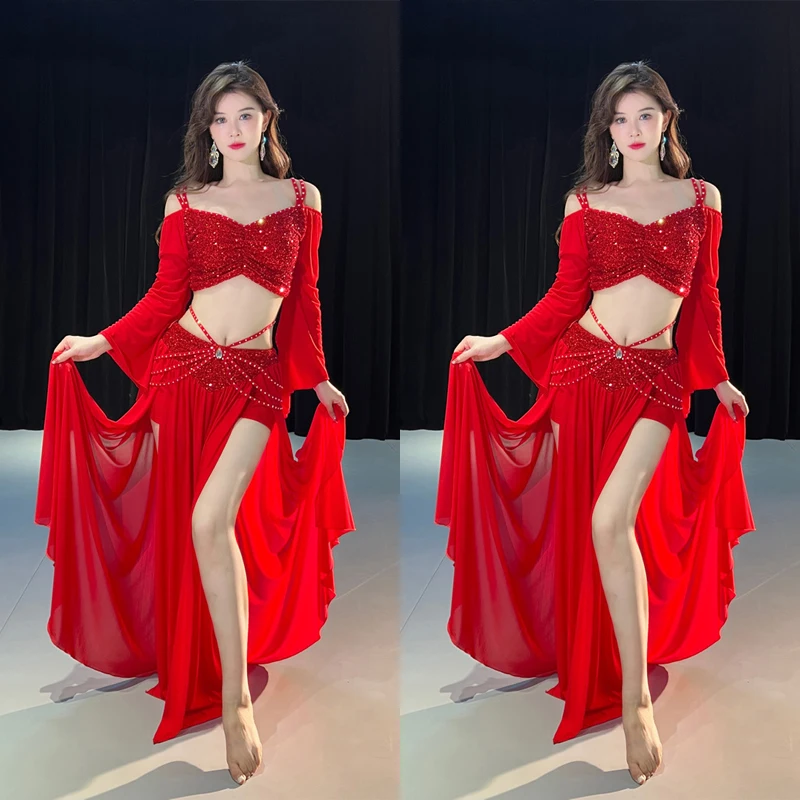 

Belly Dance Costume For Women Red Mesh Sequin Long Sleeves Crop Tops Sexy Splitlong Skirt 2pcs Set Oriental Belly Dancing Outfit
