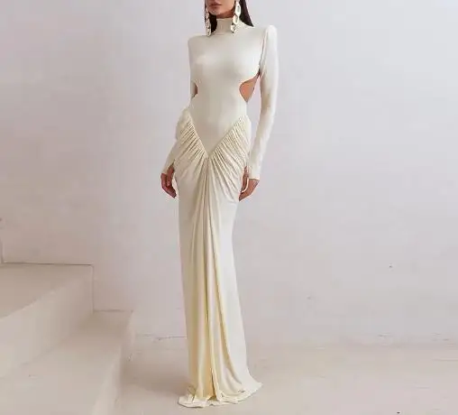 

Womens Dresses 2025 Spring Summer New Solid Color Sexy Backless Mock Neck Long Sleeved Temperamento Pleated Splicing Long Dress
