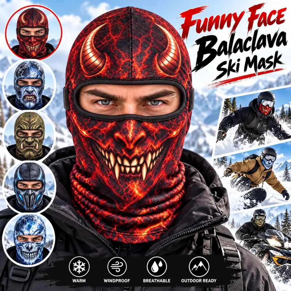 3D Printed Skull Demon Print Funny Ski Mask Full Coverage Breathable Eye Hole Balaclava Face Mask Sweat Absorbent Quick Dry