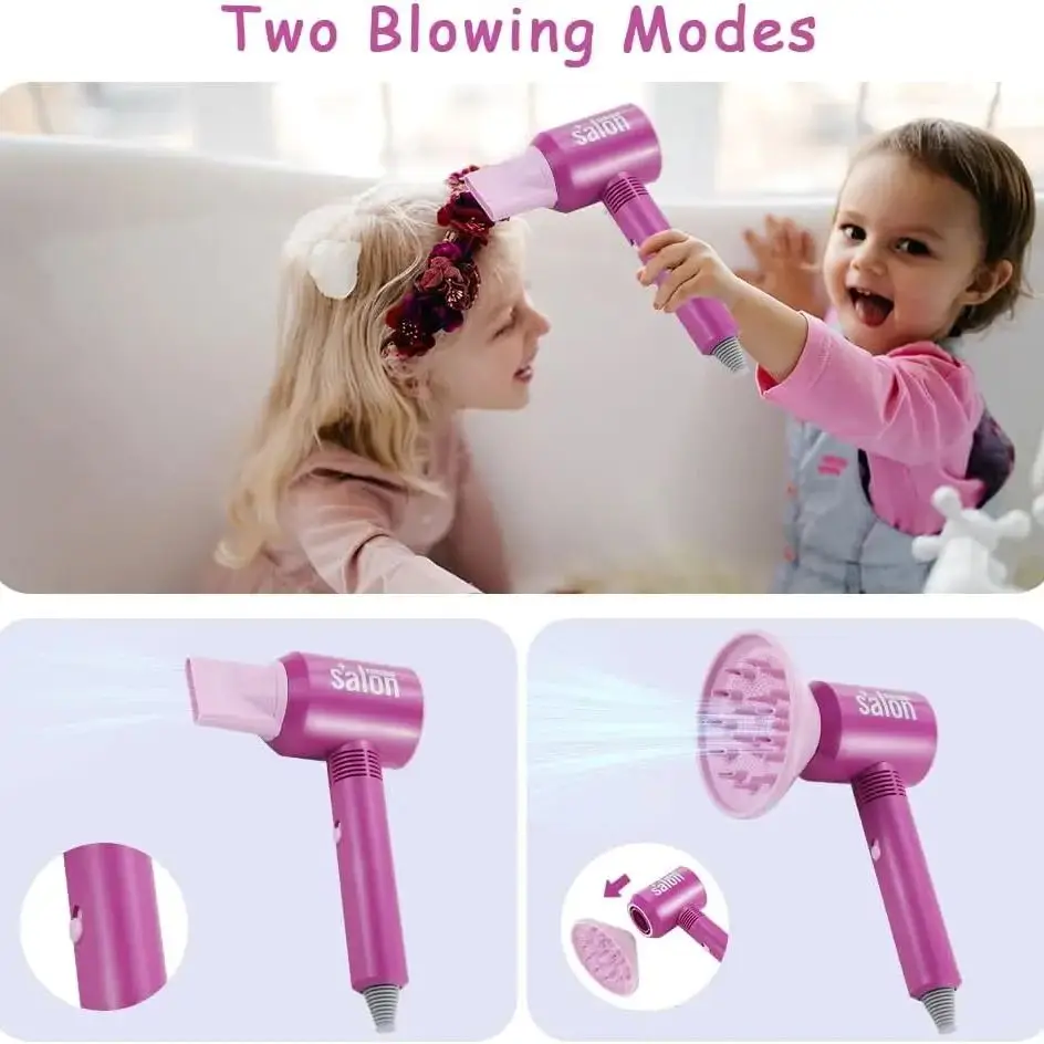 7 STKS Meisjes Kapsalon Cadeauset - Kinderen Schoonheid Speelset met Pretend Föhn & 2 Verwisselbare Nozzles, verjaardag Kerstmis